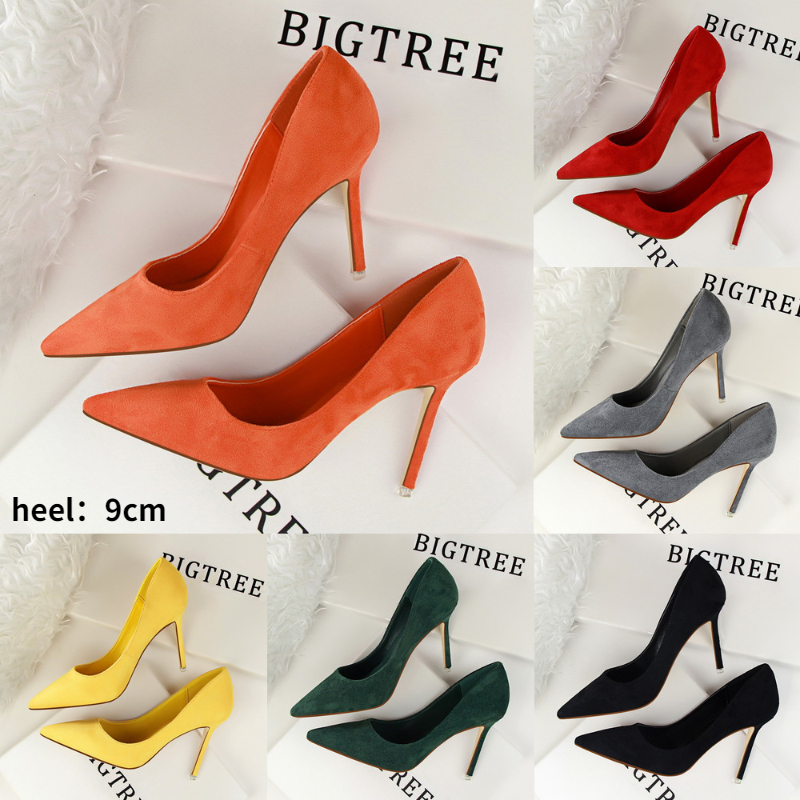 

2022 Korean fashion Ladies Suede High Heel shoes simple shallow mouth pointed sexy thin professional ol Classic luxury women's single shoe work dress pumps, Red
