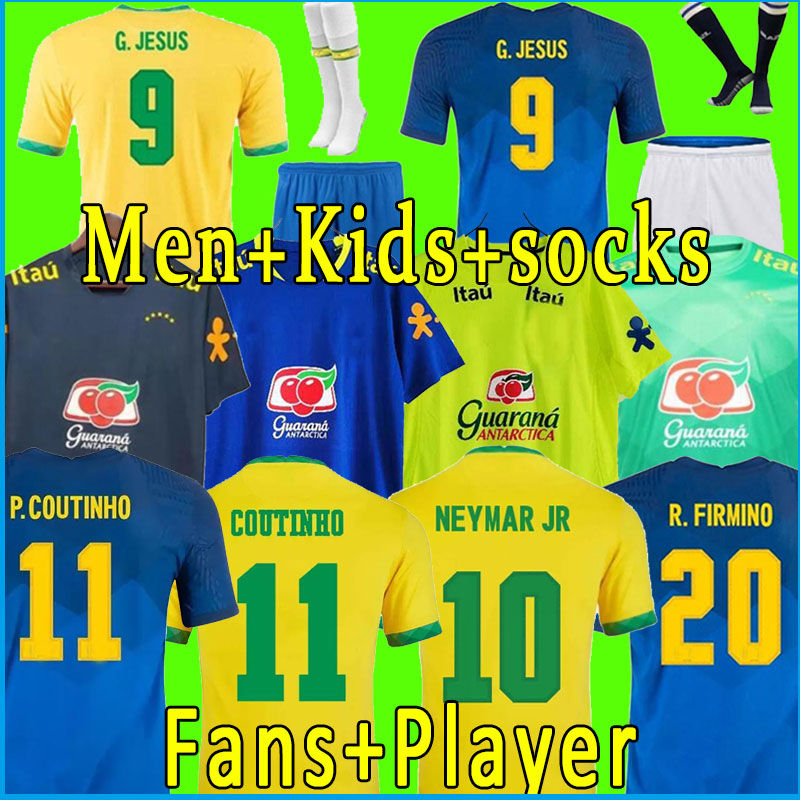 

player version 2021 2022 NEYMAR JR COUTINHO VINICIUS Soccer Jersey BrAZiLs National Team 21 22 Camisa Brasil Kids Kit Football Shirt Training SILVA full set socks set, Away+patch
