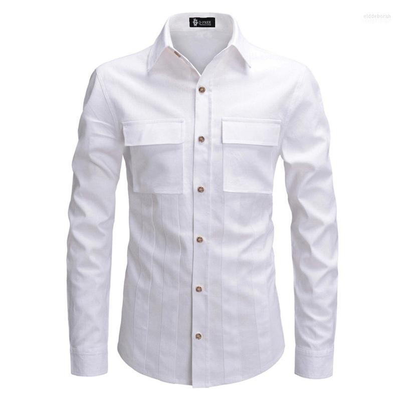 

Men's Long Sleeve Shirt With Large Pockets Decorated Unique Cut And Paste Cloth Overalls For Casual Shirts Eldd22, White