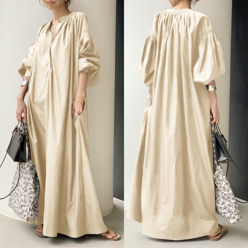 Élégant solide chemise robe femmes printemps robe d'été ZANZEA décontracté lanterne manches Maxi Vestidos femme col en V Robe 220521