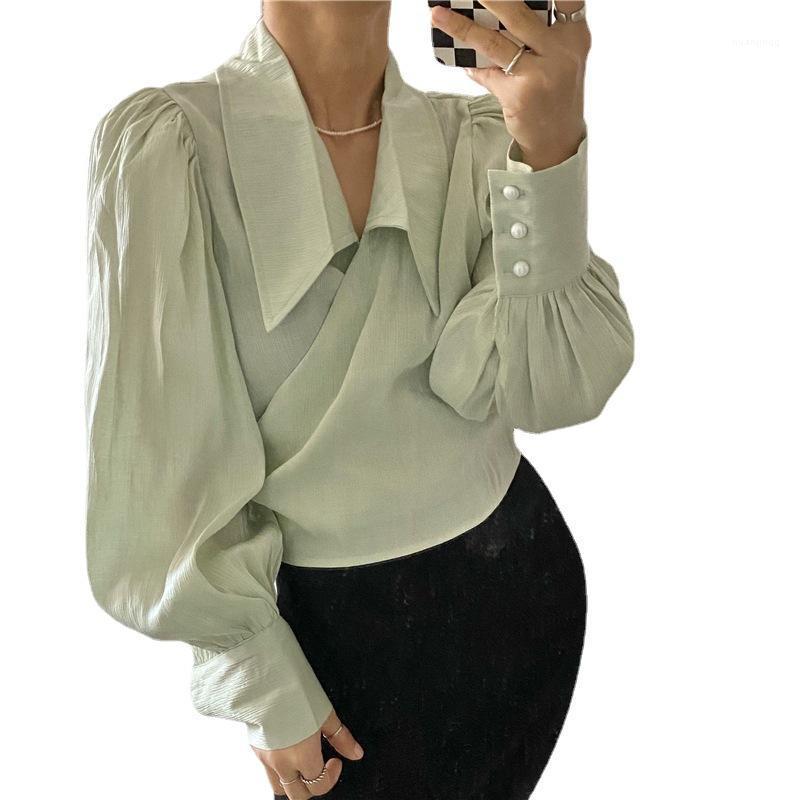 

Women's Blouses & Shirts Solid Color Women Crop Top Full Sleeve Blouse Lapel Pearl Button Office Lady 2022 Autumn Club Party Streetwear Clot, White