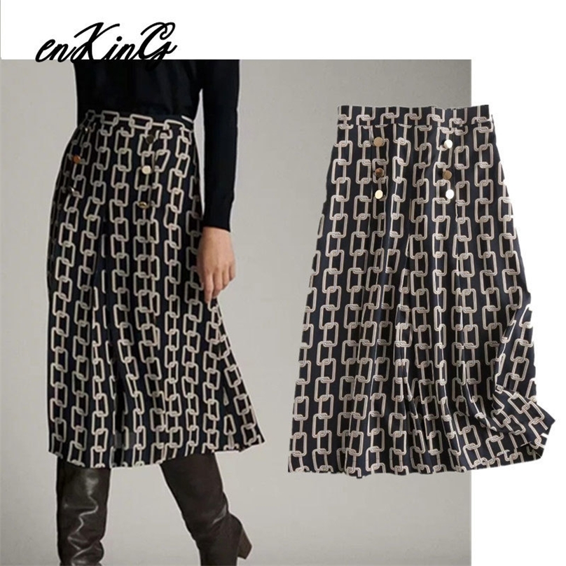 

2020 england office lady urban elegant Iron chain printing gold midi skirt women faldas mujer moda 2019 long skirts womens Y200704, Picture color