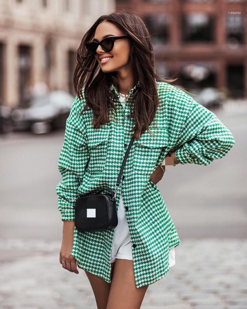 

Women' Blouses & Shirts Loose Houndstooth Plaid Cotton Shirt Long Sleeve Turn-down Collar Female 2022 Fashion Streetwear Ladies Top, Khaki