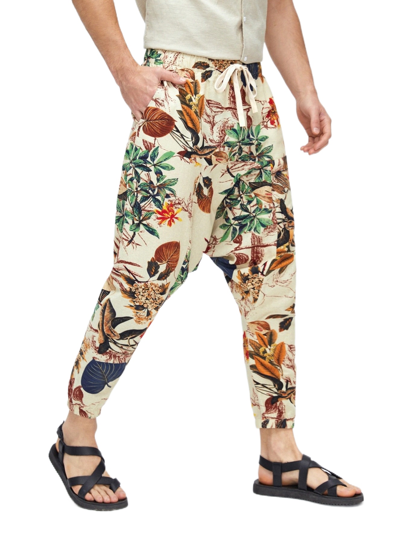 

men Tropical Print Drawstring Waist Drop Crotch Pants L6qb#, Multicolor