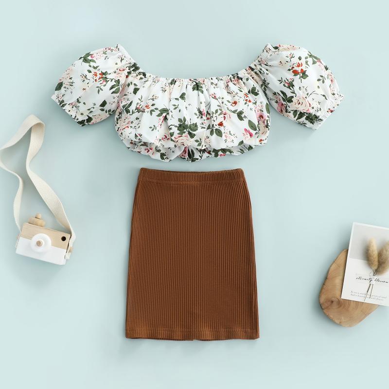 

Clothing Sets Baby Off Shoulder Puff Short Sleeve Tops Long Skirts Set Flower Pattern Sweet Style Streetwear Suit Summer ClothingClothing, Camel