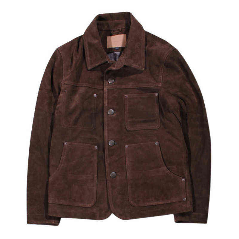 

Men Genuine Mcikkny Suede Leather Jackets And Coats Vintage Casual Motorcycle Outwear Tops For Male Clothing Multi Pockets T220728, Brown