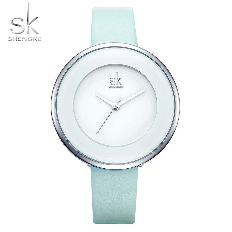 

SHENGKE Skyblue Leather Strap Buckle Women Watches 38 MM Big Top Brand Simple Dial Quartz Luxury Ladies Watch Reloj Mujer 220421, White 02