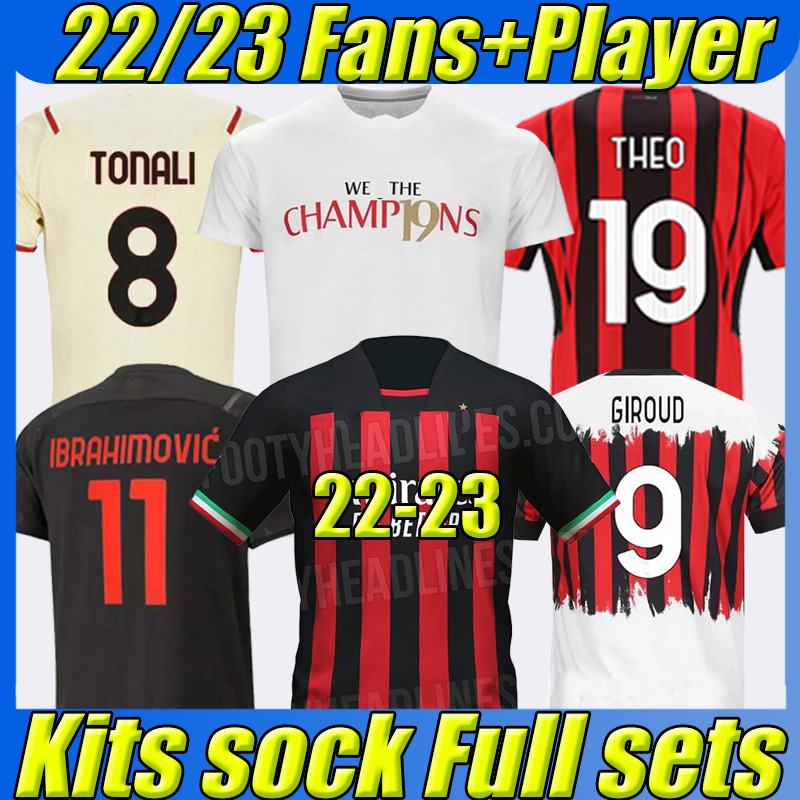

21/22/23 IBRAHIMOVIC Soccer Jerseys 19 Champions 2022 2023 Ukraine GIROUD M.MAIGNAN TONALI Kessie THEO CALHANOGLU REBIC Men Kids Kits sock Full sets football shirt, 22-23 away