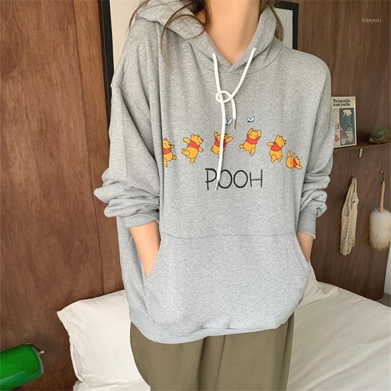 

Retro Cute Cartoon Print Hoodie Kangaroo Pocket Coat Women Casual Loose Pullover Long Sleeve Top Women's Hoodies & Sweatshirts, Black