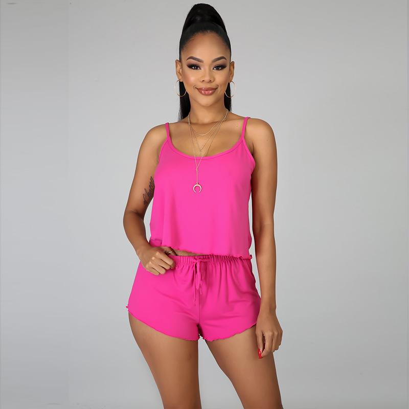 

Women' Tracksuits 2022 Comfortable Home Sleeveless Suspenders Short Vest Elastic Pull Out Pure Color Loose Shorts 2 Piece Women' SetWo, Blue