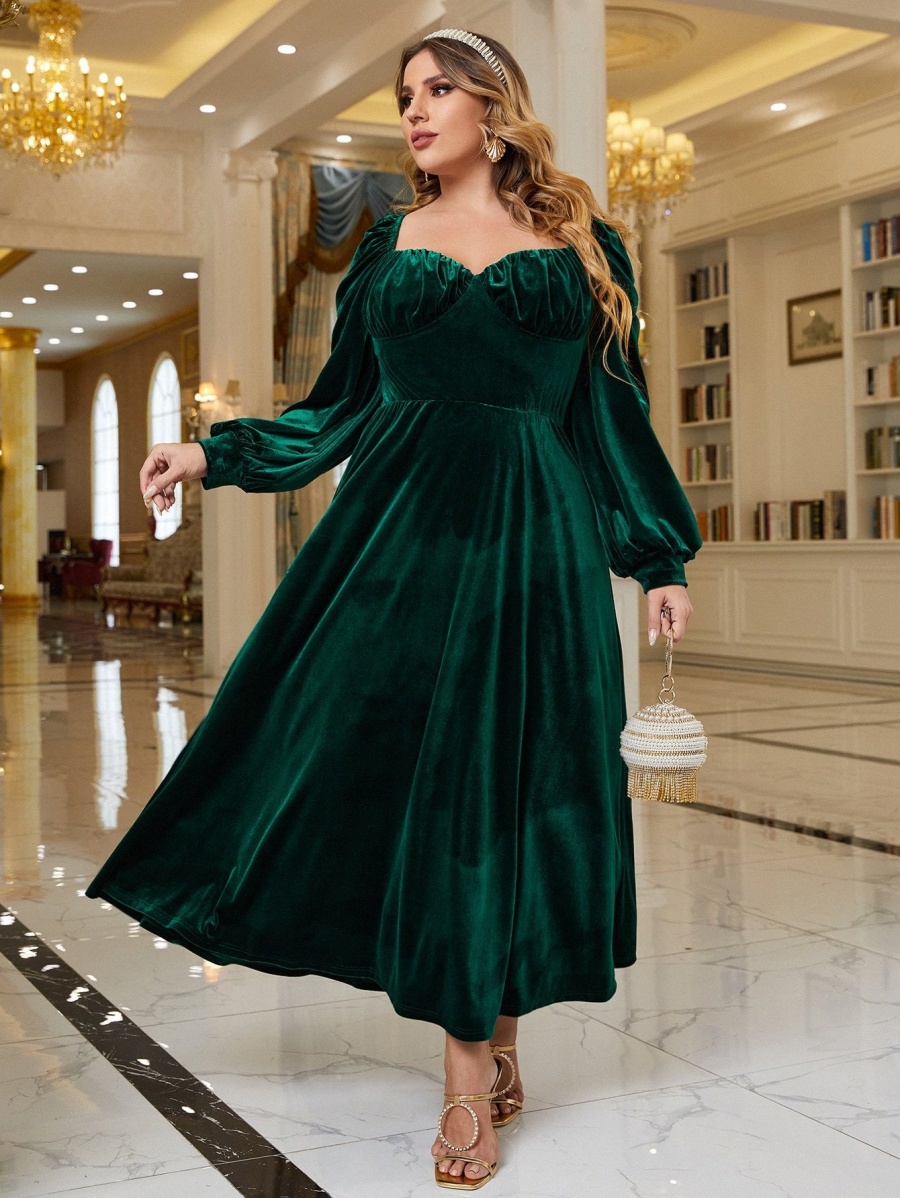 

plus Sweetheart Neck Lantern Sleeve Ruched Velvet Prom Dress h3sm#, Dark green