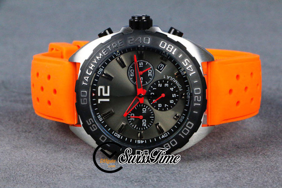 Formule 1 F1 F One CAZ1110 Miyota Quartz Chronograph Mens Watch Arear Case Grey Black Dial Stick Markers Orange Rubber Strap 205D