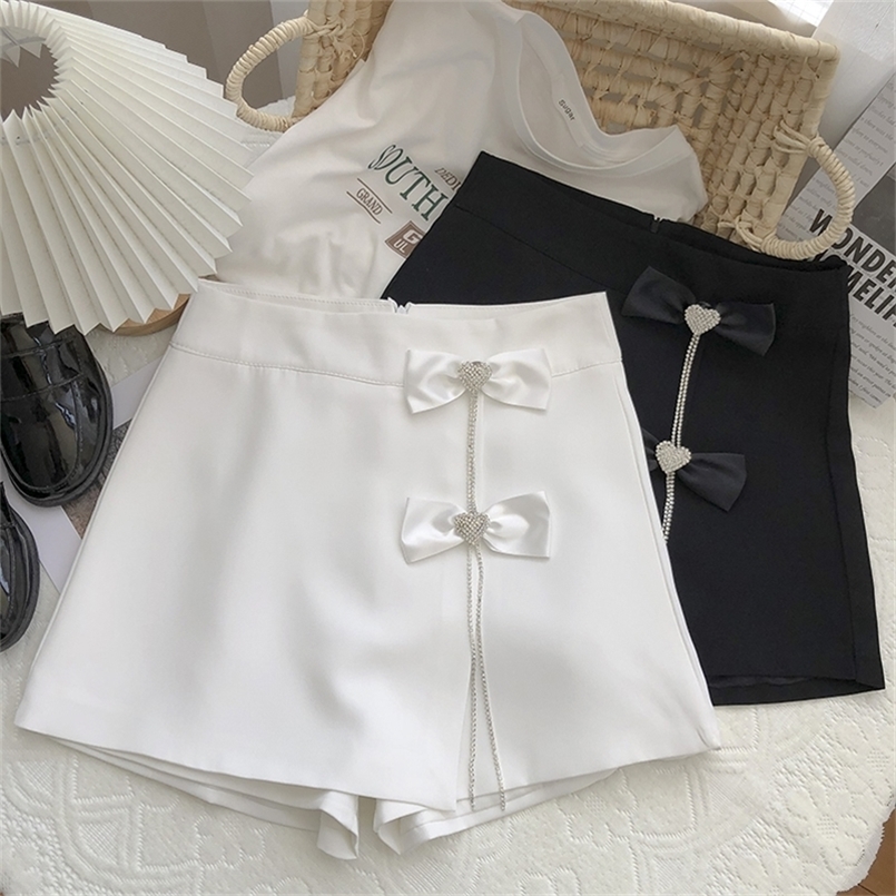 

Shorts Skirts Women White Black Shorts Diamond Bow A-line Shorts All-match Sashes Summer Button 220419, Tbdk601w1