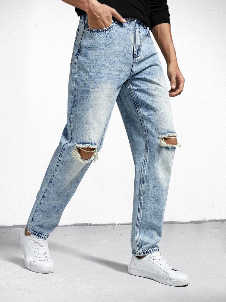

Men' Jeans Spring 2022 Fashion Men' Ripped Casual Street Boys Denim Trousers Loose Blue Washed Brand Pants Bert22