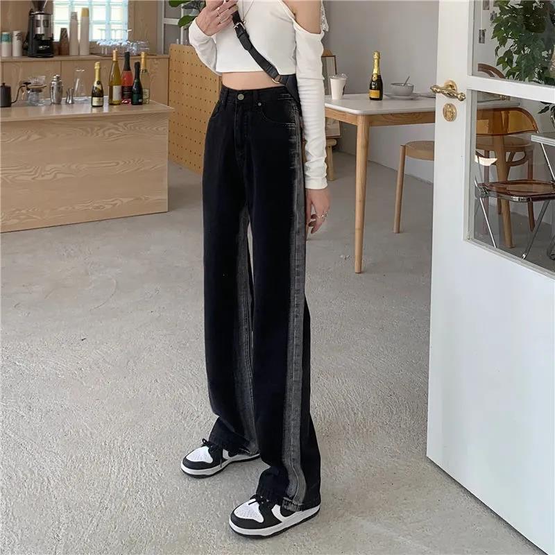 

Fall High Waist Black Jeans Pant Stripe Color Patchwork Straight Loose Denim Pants Women Full Length Trousers Streetwear Jean