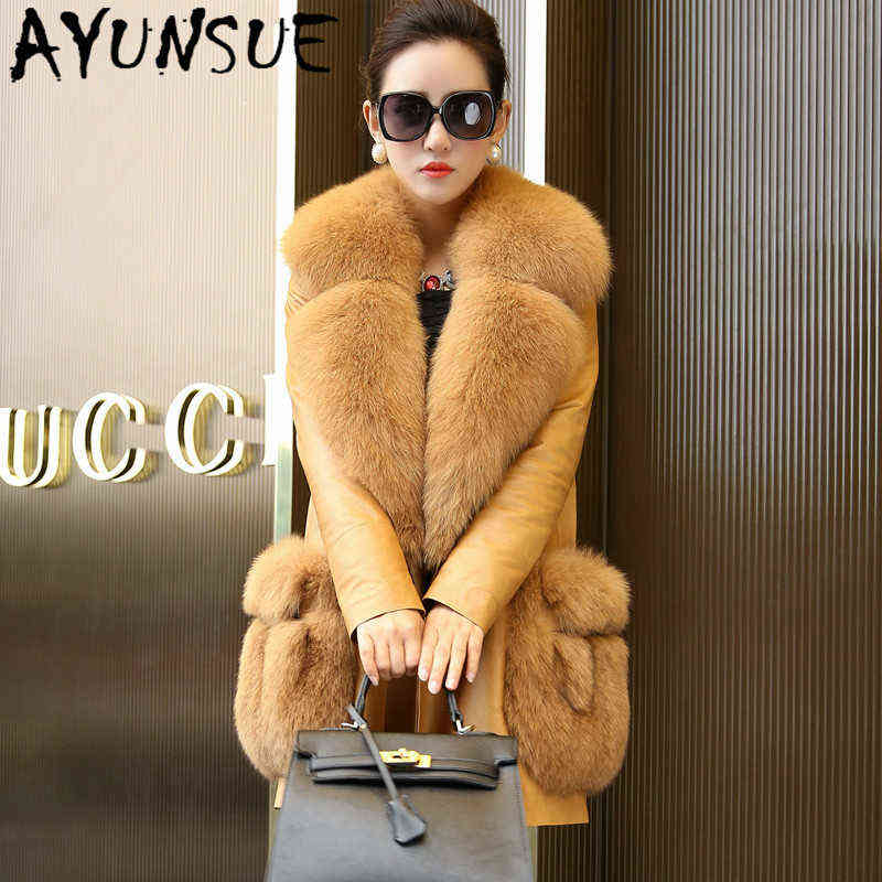 

Ayunsue 2020 Real Leather Jacket Women Winter Down Jacket Real Fox Fur Collar Sheepskin Jacket Female Parka Cuero Genuino AM233 J220727, Black