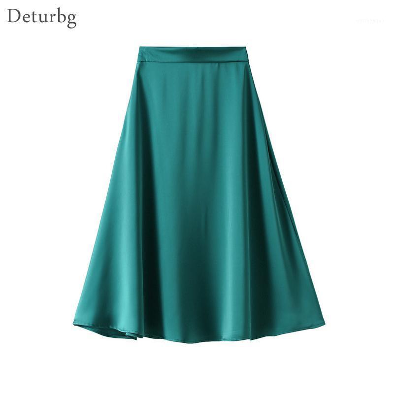 

Women' Elegant Solid Color Midi Long Skirt Korean Female High Waist Satin Smooth Zipper A-Line Skirts Faldas 2022 Summer Sk727, Beige