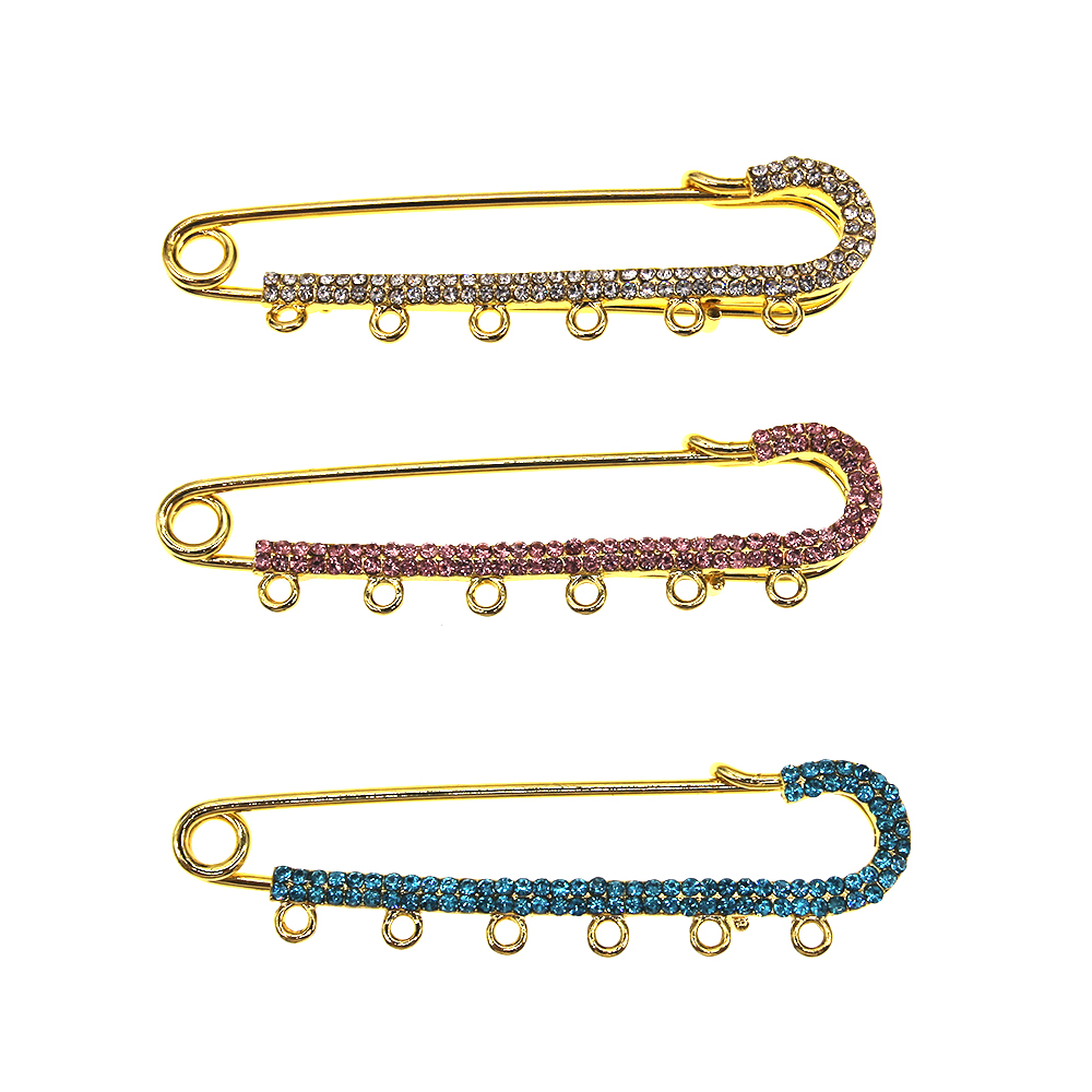 

8 CM Gold /Silver Plated Alloy Rhinestone Safety Pins Brooches Crystal Hijab Scarf Baby Pins With 6 Loops For DIY Jewelry Making