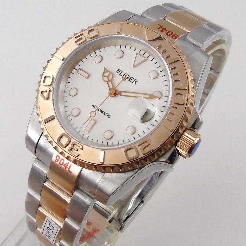 

Wristwatches White Nologo Men Watch NH35A PT5000 Automatic Wristwatch Two Tone Rose Gold Oyster Bracelet Sapphire Crystal Date