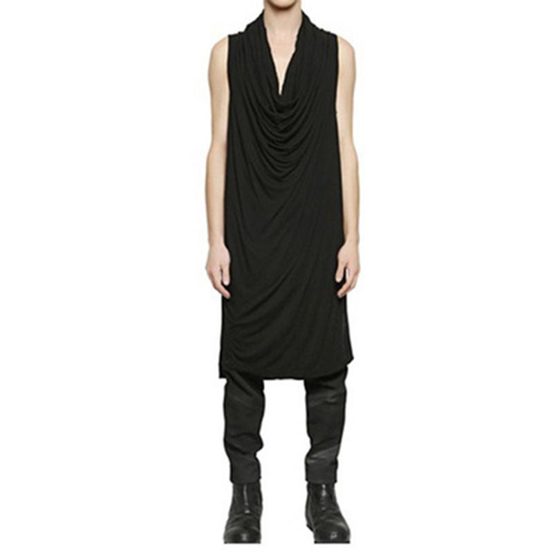 

Men's T-Shirts Summer Style Japanese And Korean Fashion Men Sleeveless T-shirt Super-long Pile Bottom Shirt Collar Side Split Irregular TMen, Black