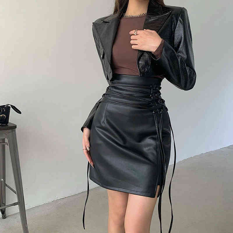 

Woman skirt 2022 Autumn Street Sexy Pu Leather Black Split Bandage Mini Skirts Women Party Club High Waist Slim Leather White Pencil Skirts T220819