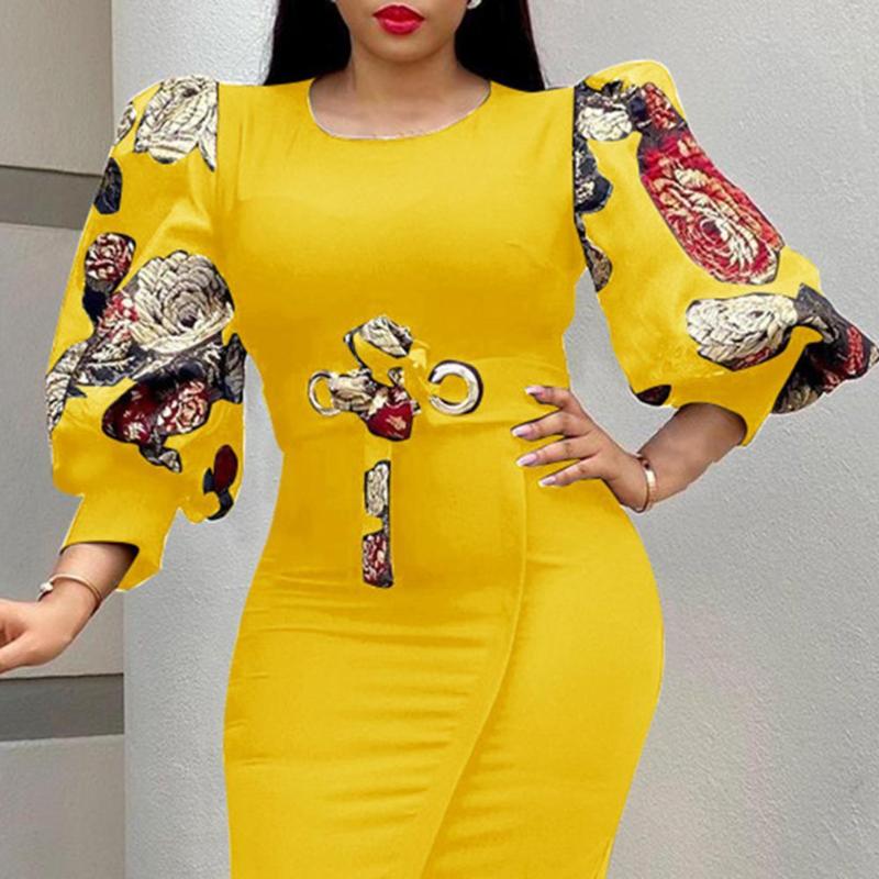 Robes décontractées été femmes Robe imprimé fleuri taille haute Sexy 3/4 lanterne manches fendue respectueux de la peau Banquet Robe Femme