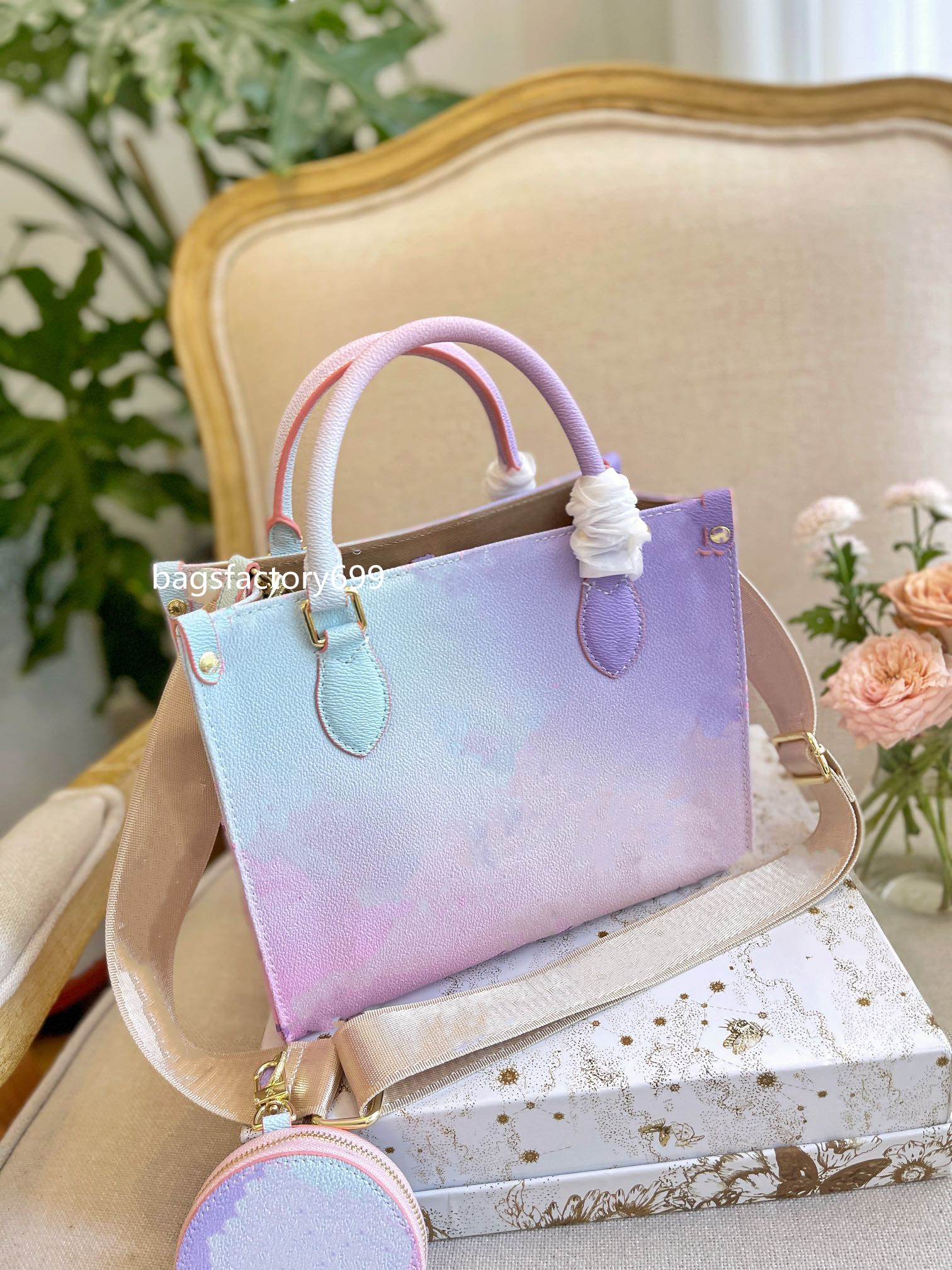 

ONTHEGO PM GM Gradient Pastel Designer Tote Large Capacity Handbag Fashion Totes Luxury Shoulder Bag Woman Toron Handle Lady Shopping Hand, Box