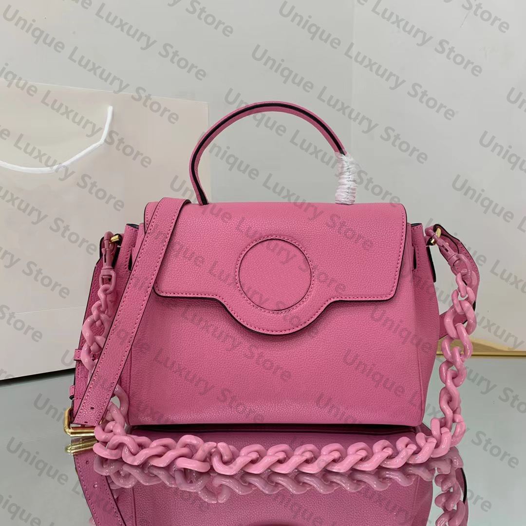 

Grained Leather Iconic Bag Womens Handbag Versatile Magnetic Snap Closure Classic Metal Logo Chain Shoulder Strap Ladies Crossbody Tote Bags, Pink