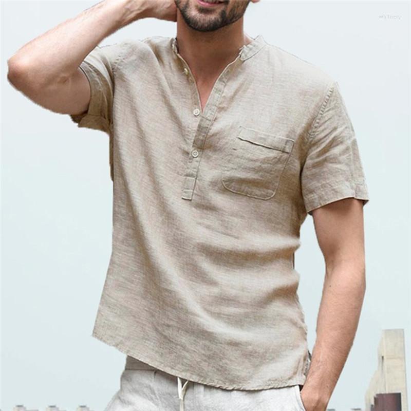 

Men's T-Shirts Flax Linen T-Shirt Casual V-Neck Button Down Slim Fit Cotton Short Sleeve Basic Top Whit22, Beige
