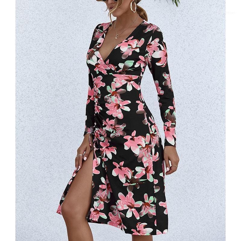 

Casual Dresses Women Retro Long 2022 Sexy V-Neck Floral Print Sleeve Spring Autumn Slim Boho Holiday Beach Vestido SJ8457M, Black