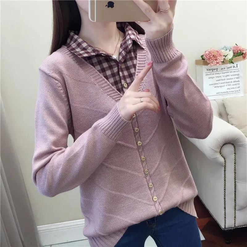 

Women' Sweaters Plaid Shirt Collar Fake Two Pieces Knitted Sweater And Pullovers For Women Patchwork Knitwear Tops Casual Loose Jumper Full, Pink spring