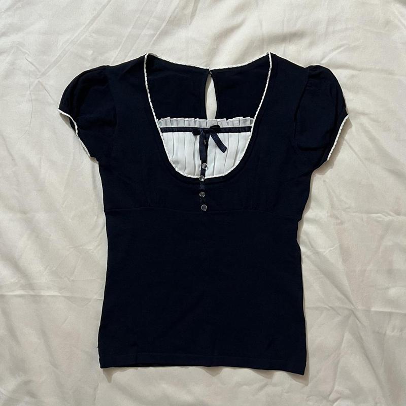 

Women' T-Shirt Y2K Vintage Milkmaid Top Korean Preppy Kawaii Bow Crop Patchwork Square Collare Puff Sleeve Harajuku Grunge Women, Black
