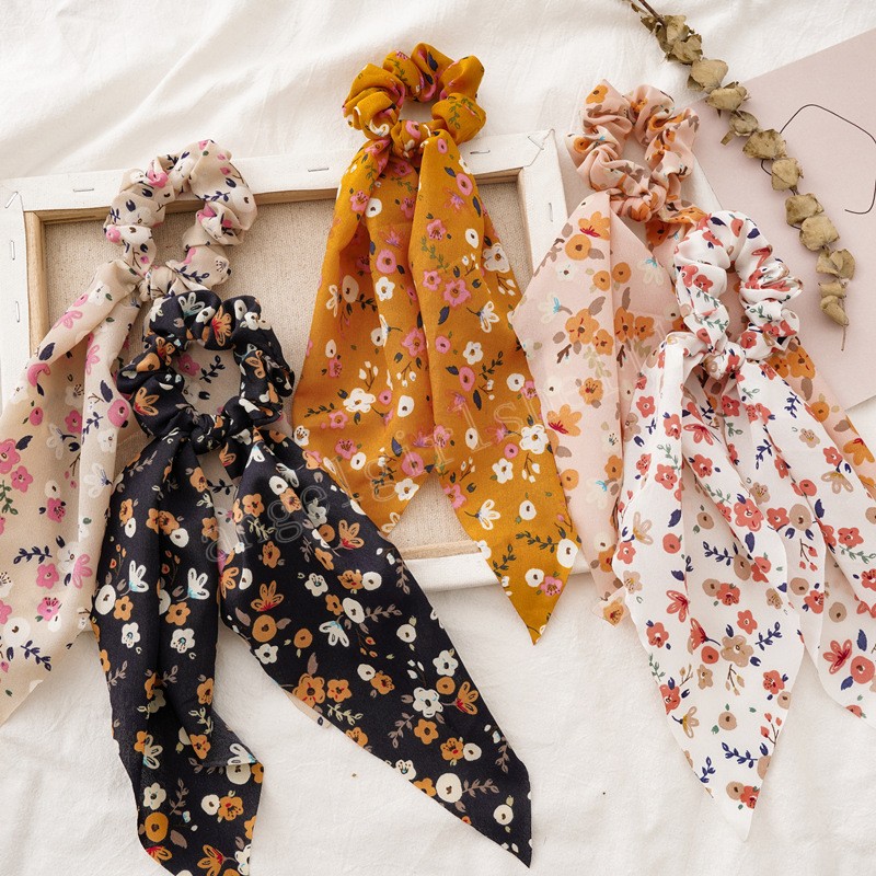 

Korean Fashion Sweet Floral Printed Bowknot Ponytail Holder Streamer Scrunchies Ladies Woman Rubber Bands Hair Accessories, Mixed color