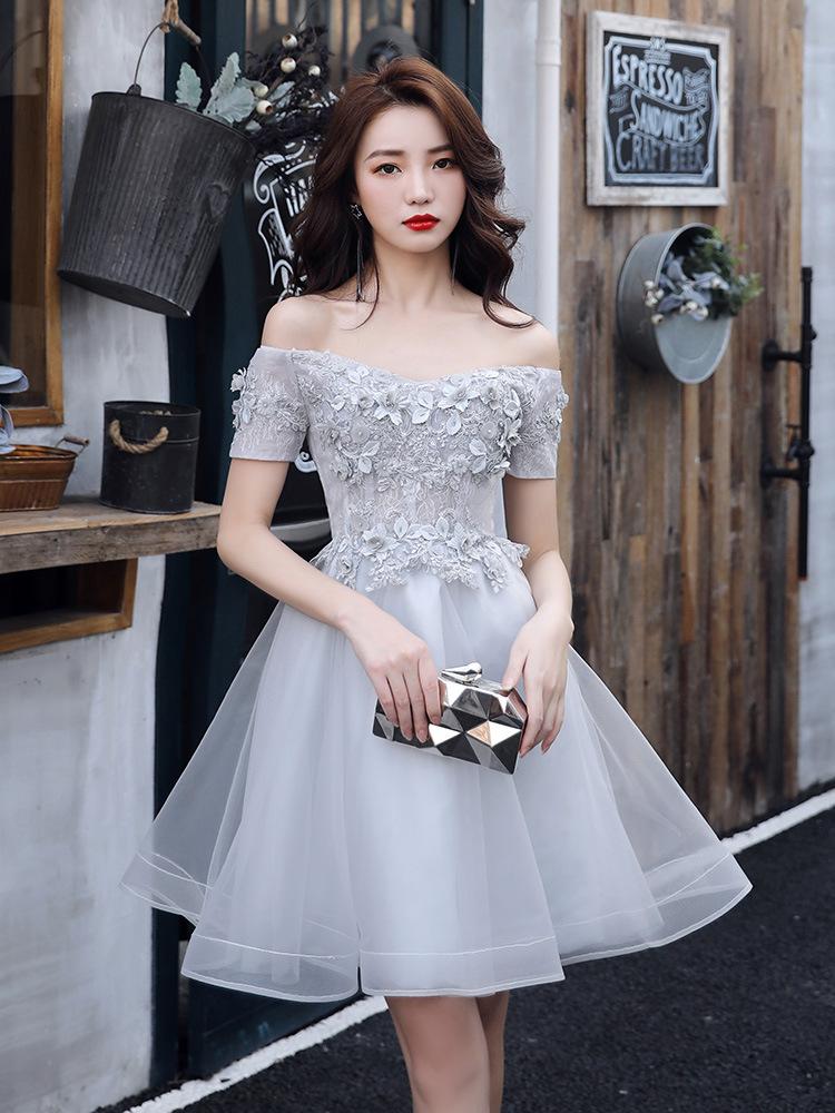 

Party Dresses Boat Neck Floral Applique Evening Dress Short Sleeve Tulle With Beads Real Po Elegant Vestido De FestaParty, Zipper back