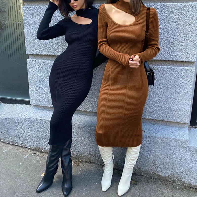 

Casual Dresses Knitted Turtleneck Cut Out Women Dress Solid Bodycon Long Sleeve Sweater 2022 Autumn Party Sexy Lady, Black