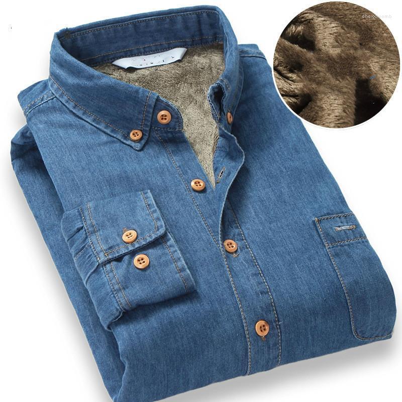 

Men's Casual Shirts Trendy Brand Winter Jeans Shirt Men Warm Fleece Denim Button Male Bottoming Mens Long Sleeve Man, Jean blue