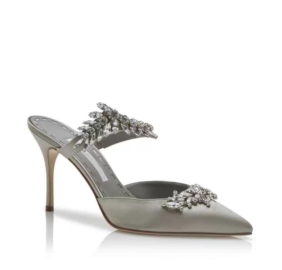 

Wholesale Luxury Lurum Sandals Shoes Women High Heels Leaf Crystal-embellished Satin Mules Sexy Brand Pointed Toe Slippers Pumps EU35-42