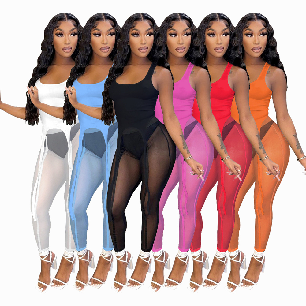 

2022 Mesh See Through Tracksuits For Womens Solid Sleeveless Vest Sling Tops And Casual Pants Nightclub Sexy Two Piece Sets W8280, Rose