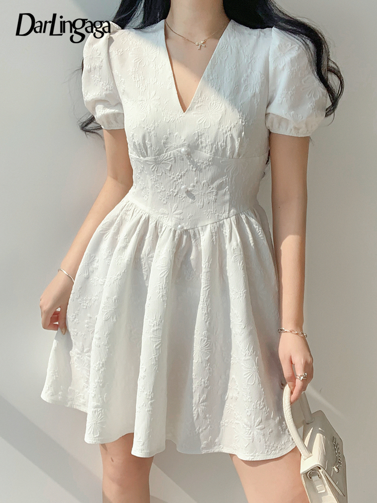 

Darlingaga Korean Fashion V Neck Jacquard Puff Sleeve White Dress Summer Solid Slim Pleated Elegant Dresses for Women Sundress