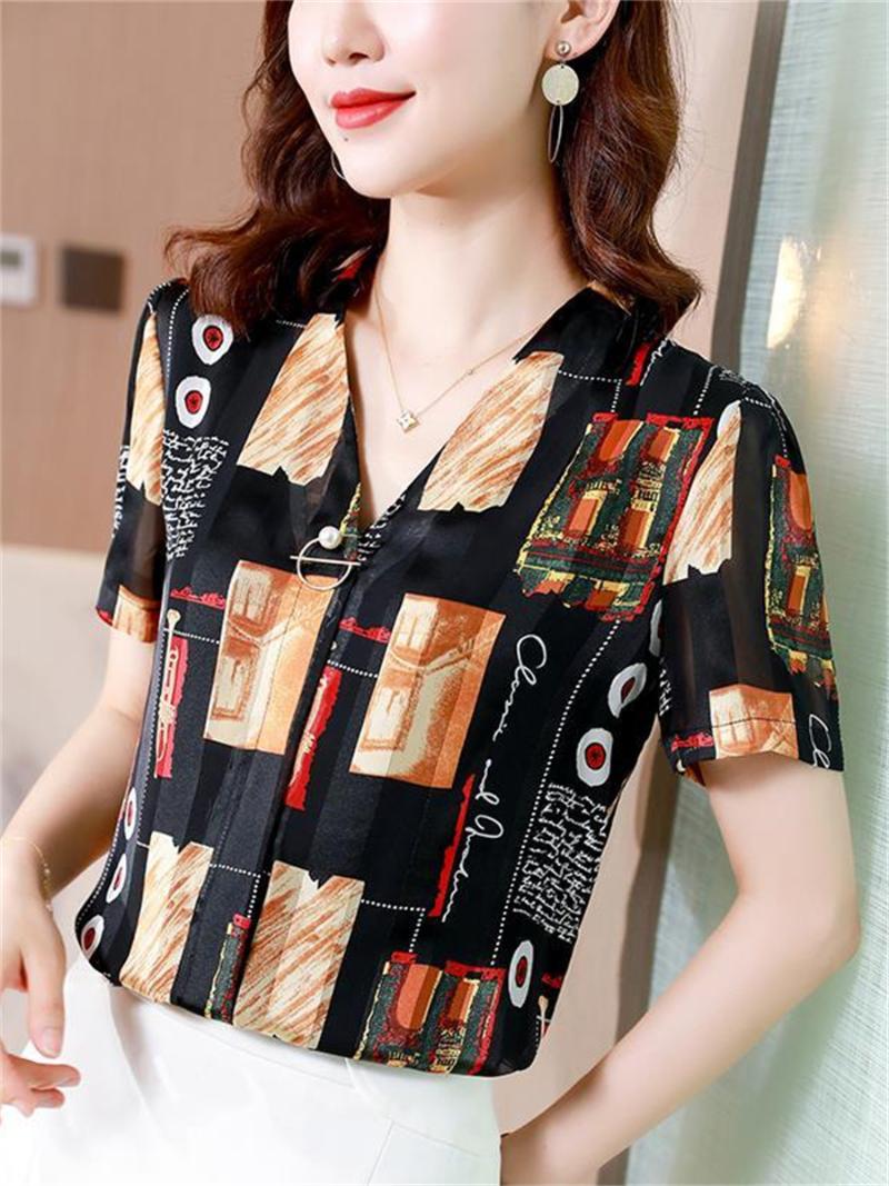 

Women's Blouses & Shirts Women Spring Summer Lady Fashion Casual Short Sleeve V-Neck Collar Retro Printing Blusas Tops2391Women's, Black
