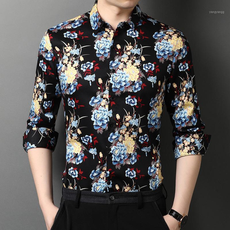 

Fashion Exquisite Flower Pattern 3D Print Long Sleeve Shirt Men Autumn Quality Cotton Soft Smooth Camisa Masculina Size -4XL Men's Casual S, As picture