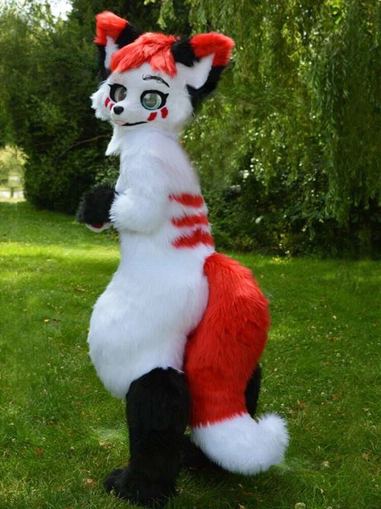 

Furry Mascot Costume Mid Length Fur Husky Fox Mascot Costume Walking Halloween Suit Party, As pic