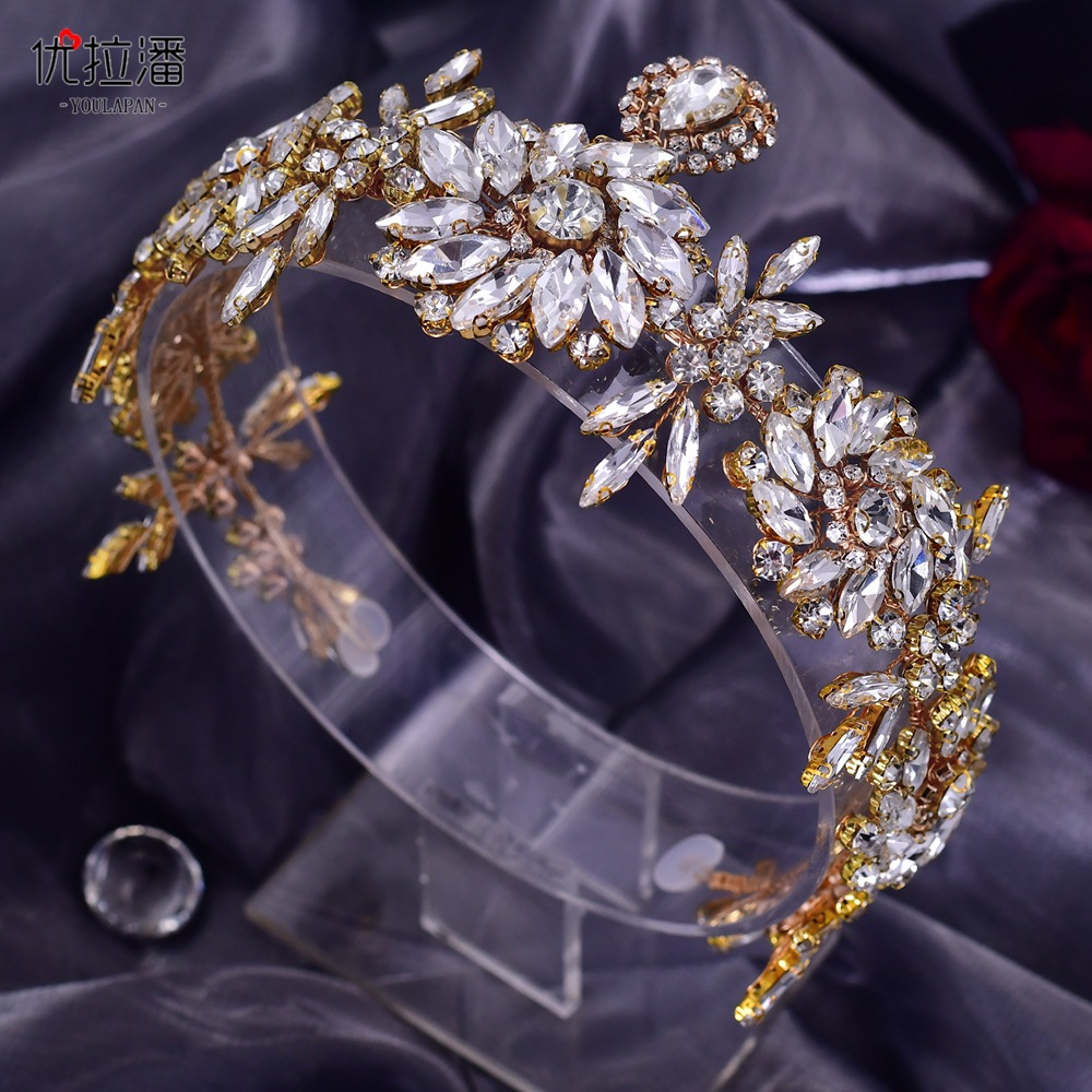 

Gold Forehead Headpieces Diamond Wedding Tiara Baroque Crystal Bridal Headwear Crown Rhinestone Jewelry Hair Accessories Bridal Crowns Headpieces HP440