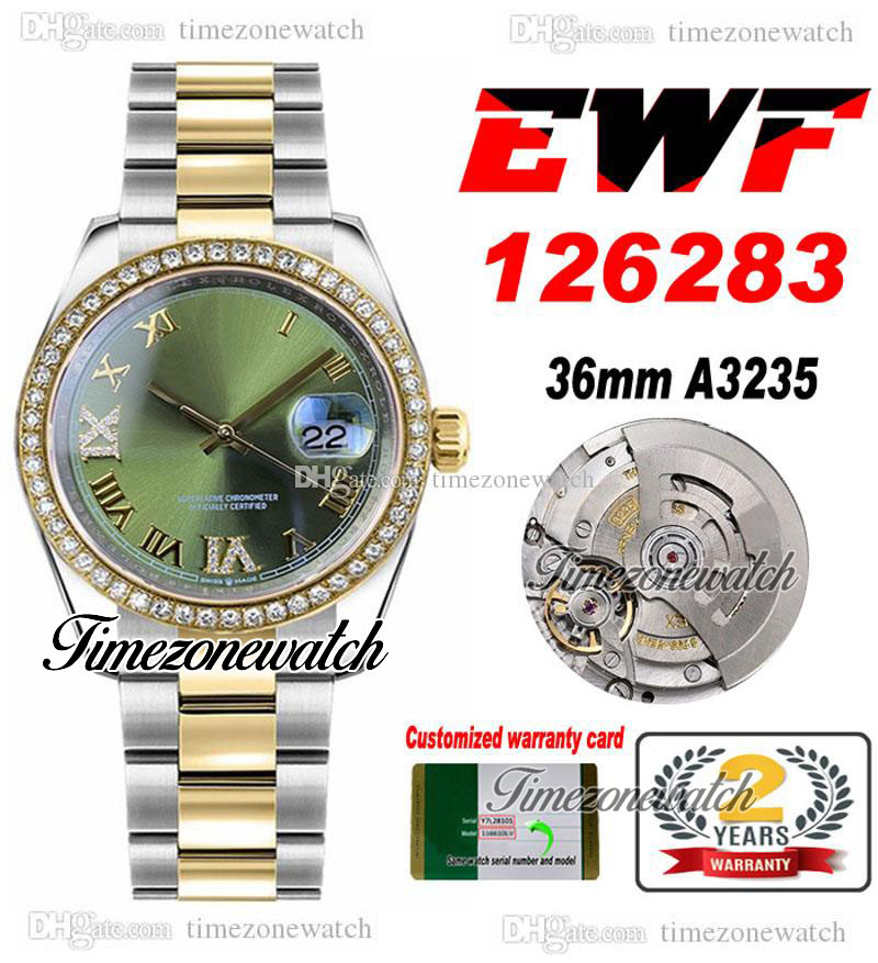 

EWF 36 126283 A3235 Automatic Ladies Womens Mens Watch Two Tone YG Diamonds Bezel Green Roman Dial OysterSteel Bracelet Same Serial Card Super Edition Timezonewatch, Custom warranty card
