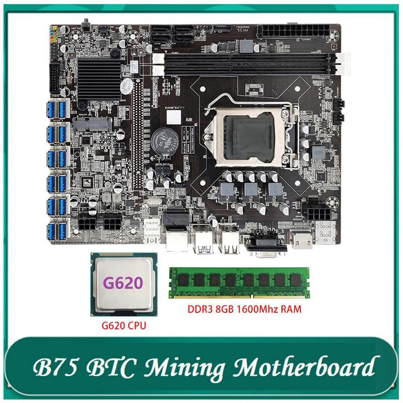 

Motherboards B75 ETH Mining Motherboard 12 PCIE To USB LGA1155 With G620 CPU+DDR3 8GB 1600Mhz RAM BTC Miner