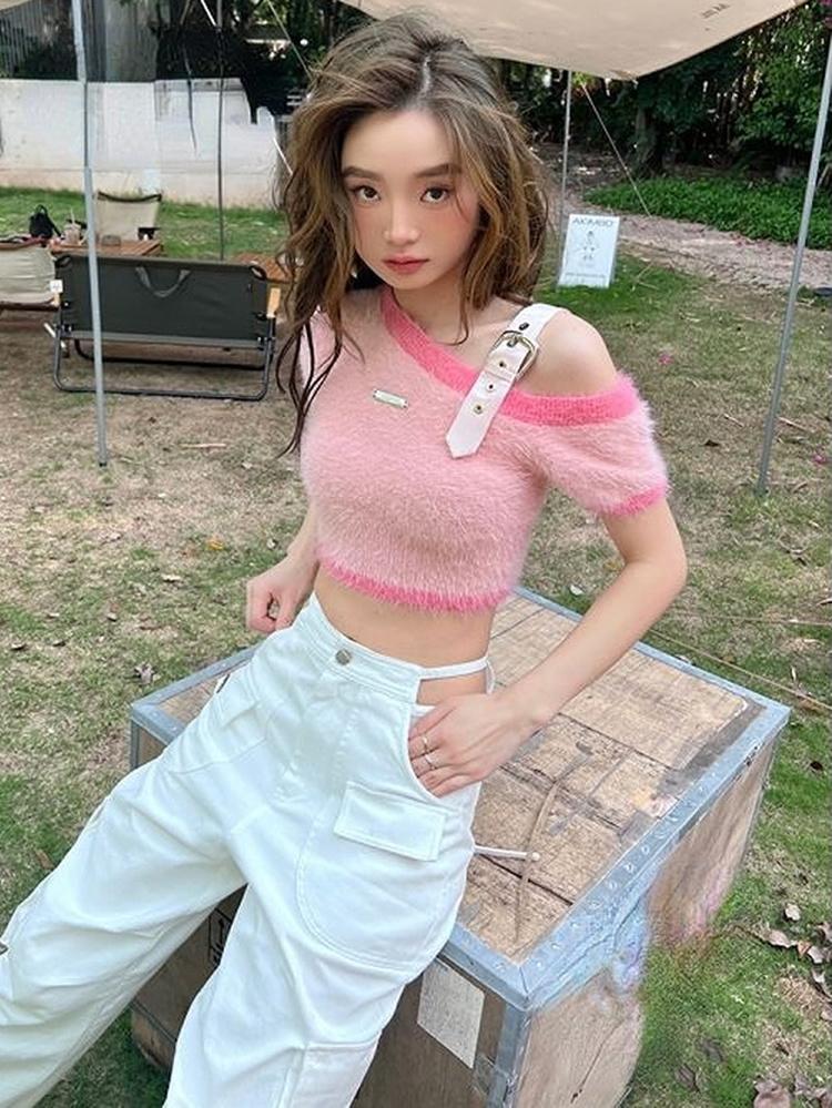 

Women' T-Shirt Sexy Fashion Crop Top Off Shoulder Belted Fluffy Summer Blouse Women 2022 Korean Harajuku Shirt All Match Elgant Blusas Femm, Pink