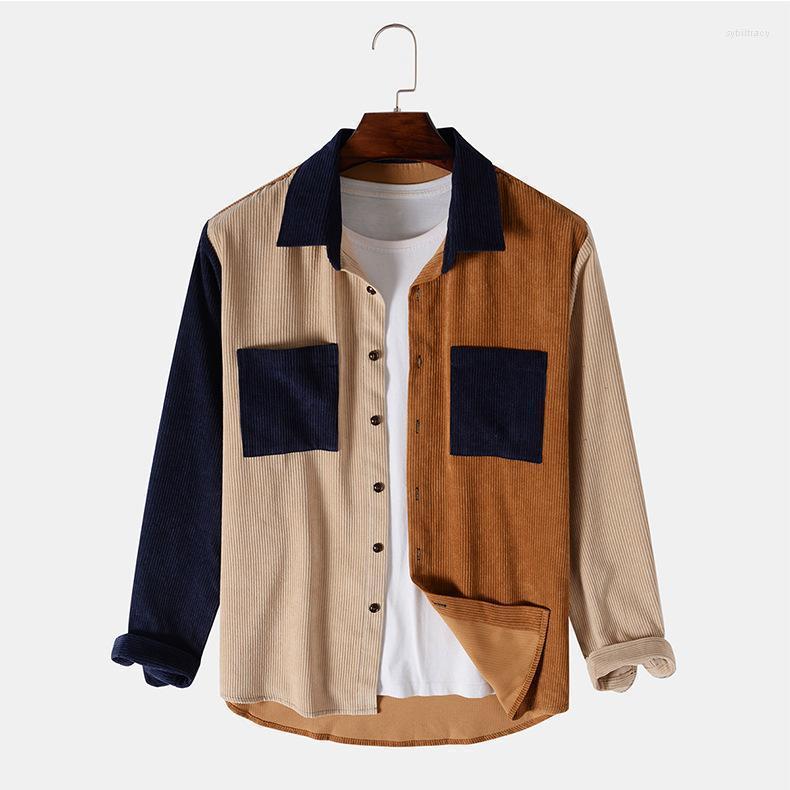 

Men's Casual Shirts 2022 Autumn Corduroy Shirt Youth Color Matching Long Sleeve Sybi22, Apricot