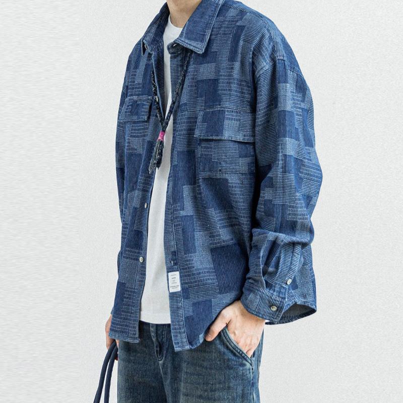 

Men's Casual Shirts Japanese Retro Stitching Ethnic Style Loose Fitting Long Sleeve Shirt Spring And Autumn Men's Plaid CoatMen's, Blue
