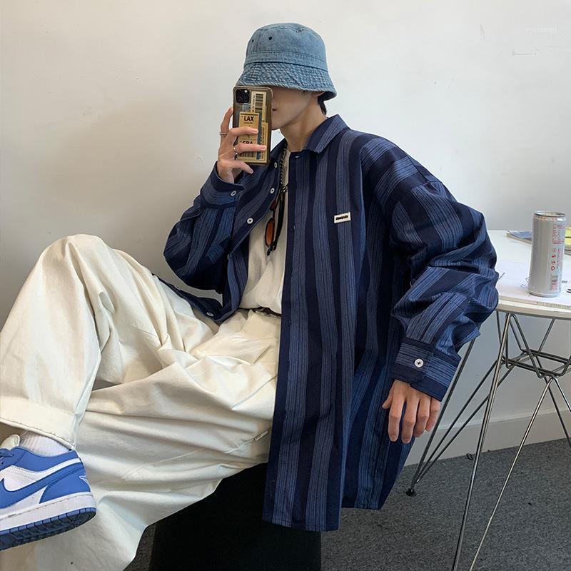 

Men's Casual Shirts Stripe Long Sleeve Shirt 2022 Fashion Man Harajuku Streetwear Oversized Blouse Clothing, Blue