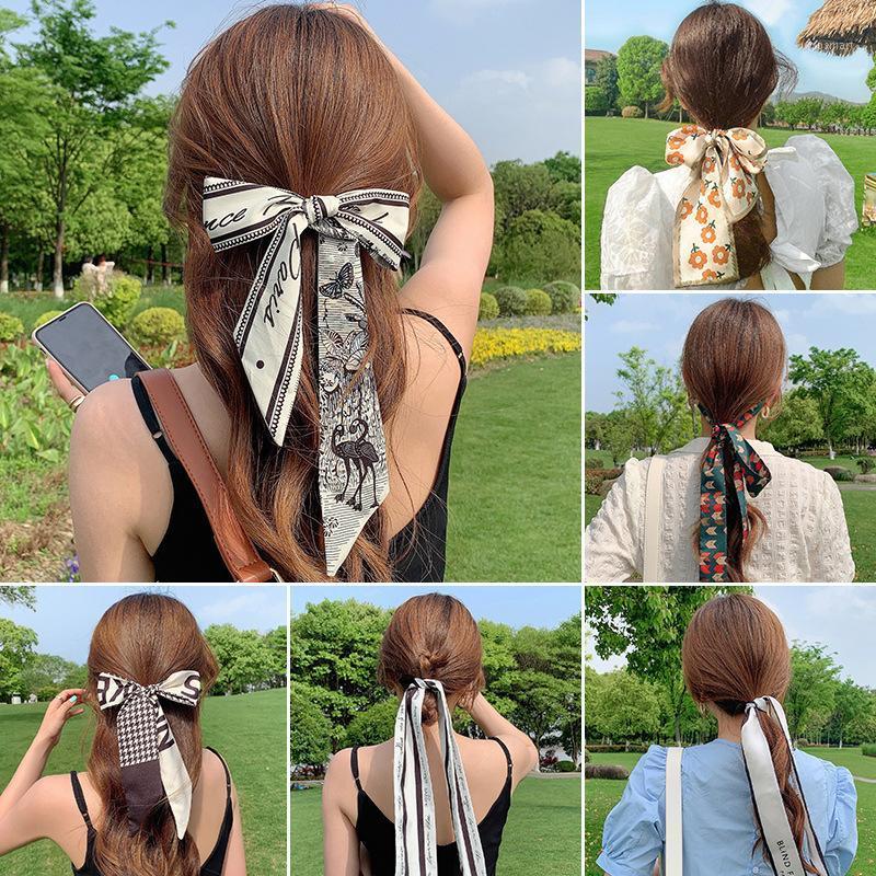 

Hair Accessories Girl Retro Silk Scarf Bands Bow Tying Ribbon Women Printing Ponytail Holder Headwear, Style-8